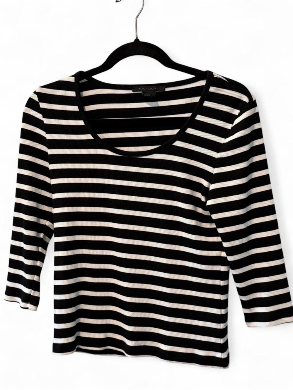 Tahari Black and White Striped Scoop Neck Long Sleeve Top